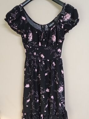 Collectif Black Midi Dress with Pink Print